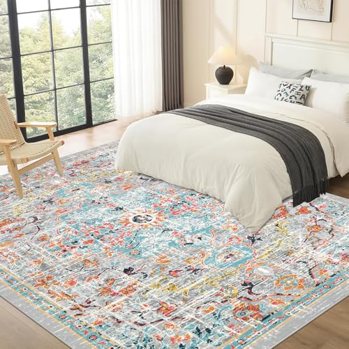 Pauwer Area Rugs 8x10 Clearance, Large Area Rug for Living Room, Machine Washable Area Rugs for Bedroom, Boho Farmhouse Vintage Floral Rugs, Non Slip Low Pile Accent Rug Floor Mat Carpet