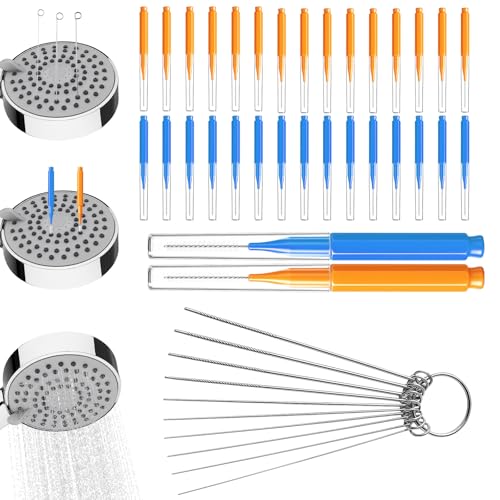 Image of 40 Pcs Shower Head Cleaner Tool, 30 Pcs Shower Head Cleaning Brush Picks for Unclogging Small Hole (15 Blue & 15 Orange), 10 Pcs Functional Nozzle Unclogger Tool with Storage Box for Showerhead