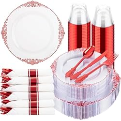 Hioasis 175 Pcs Clear Red Plates for Party | Red Party Plates Set for 25 Guests, Includes 50 Heavy-duty Plates, 25 Pre Rolled Silverware, 25 Cups