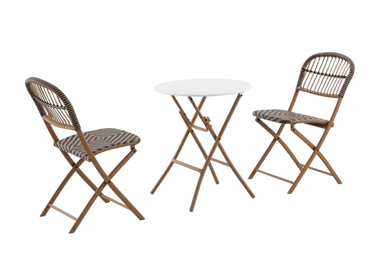 METRO Professional Conjunto Mesa y Sillas de Bistró Agujo, Juego de Muebles de Exterior de 3 Piezas, Acero/Ratán, 2 Sillas, 1 Mesa, Ideal para Terraza y Jardín, Beige/Blanco