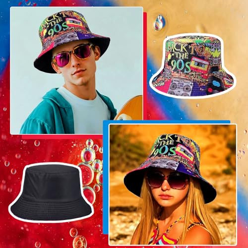 Halinuia Retro 90er Fischerhüte Hip Hop Bucket Hat Rock Scrawl Fischerhut Modische Bucket Hat Anglerhut Sonnenhut Faltbar 90er Style Fishing Hut für Frauen Männer (1, Rot)