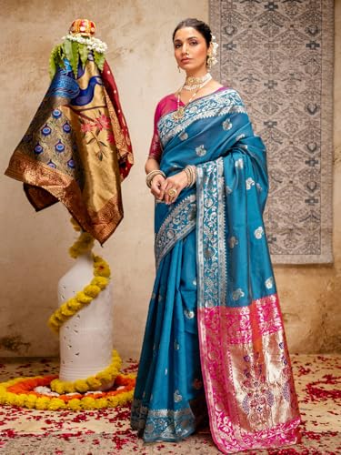 Image of SIRIL Women's Paithani jacquard Silk Saree |Chandrakor Paithani jacquard Saree With Unstitched Blouse Piece