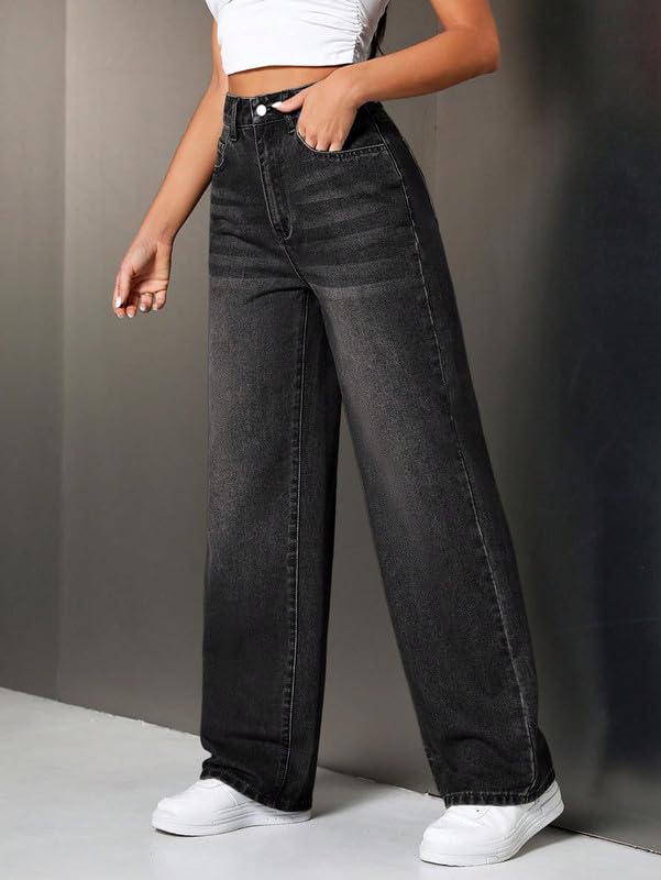 Image of DEELMO Women's Wide Leg Denim Jeans High Rise Loose Fit | Stretchy Casual Straight Pants Trendy | Comfortable Everyday Fashion Jeans for Women