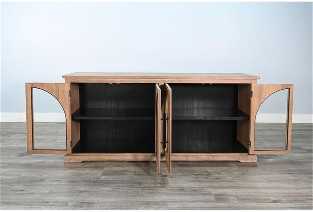 Pemberly Row Modern Wood Display Cabinet, Arched Glass Doors, Natural Wood Finish with Black Interior Shelves, 4-Door Storage, Adjustable Shelves, Buffet or Entryway Media Cabinet