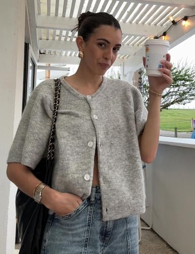 Arssm Women's Knitted Crop Cardigan Y2k Short Sleeve Button Down Cardigan Shirt Ribbed Knit Solid Color Lightweight Outwear2