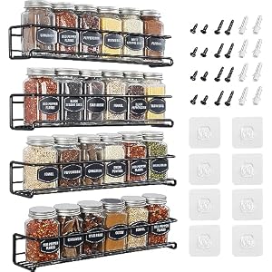 Estefanlo Spice Rack Wall Mounted, 4 Pack Spice Rack for Inside Cupboard, Adhesive Spice Organiser Kitchen Cupboard Organiser (4)