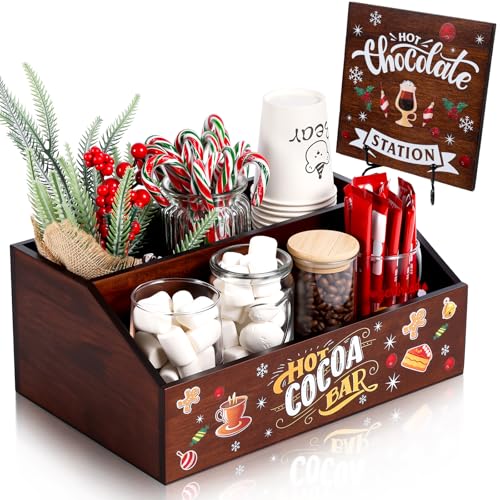 IWOLOMI Christmas Hot Cocoa Bar Supplies Wood Storage Box Hot Chocolate Decorative Box and Hot Chocolate Station Table Sign Double Cute Wood Storage and Sign for Home Kitchen Holiday Decor