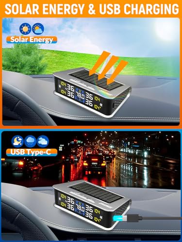 Tire Pressure Monitoring System - TPMS with Solar & USB Charger, Tire Pressure Monitor System with 4 External sensors & 6 Alarm Modes, LCD Real-time Display, Auto on/Off Mode, Easy to Install - Image 3