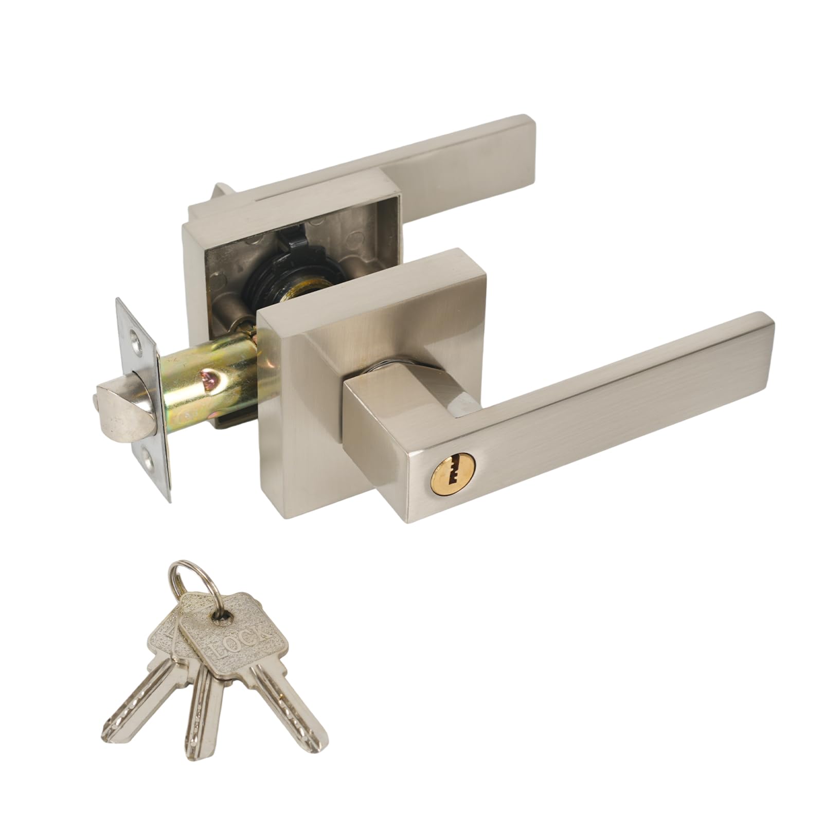 Silver Square Door Lever with Lock and Key, Reversible for Left or Right