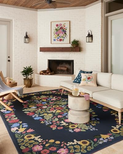 Image of Loloi Rifle Paper Co. Perennial Collection Blossom PRN-01 Navy 5'-3 inch x 7'-8 inch Indoor /Outdoor Area Rug