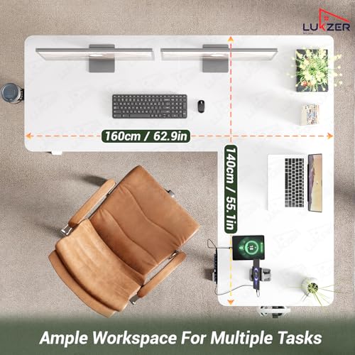 Image of Lukzer L-Shape Electric Height Adjustable Desk with USB & Type-C Digital Display Advance Memory Preset Sit Stand Home Office Table (EST-001 /UC-White & White /160 x 140 cm) DIY with 3 Years Warranty