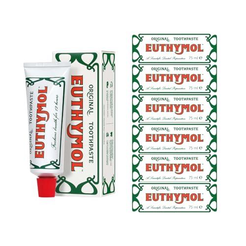 Euthymol Original Pasta de dientes 75ml x 6, Sin Flúor, Antiplaca, Antibacteriano, Protección Contra la Caries, Dientes y Encías Para Limpio y Sano, Refrescar Menta Fresca, Cuidado Dental Diario