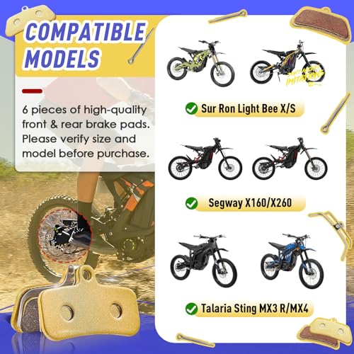 Image of 6 Packs Replacement Genuine Front and Rear Basin Brake Pads for Sur Ron Light Bee X /S, Talaria Sting MX3 R /MX4 and Segway X160 /X260, Electric Off-Road Bike Replacements