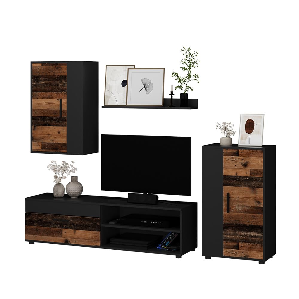 Vicco Parete attrezzata Berno, Rovere rustico, Set di 4 pezzi, adatto per la conservazione di dispositivi multimediali e accessori