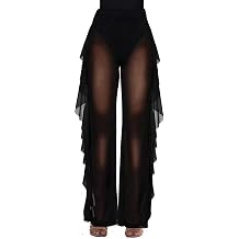 Womens Ruffle Sheer Mesh Pants Swimwear Bikini Cover Up Pants See Through