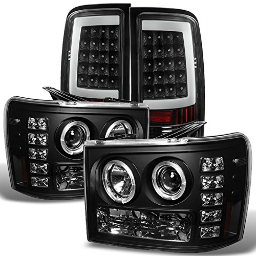 For GMC Sierra [LED Dual Halo Ring] Black Bezel Headlight + [C-SHAPE LED] Tail Brake Lights Lamp Set