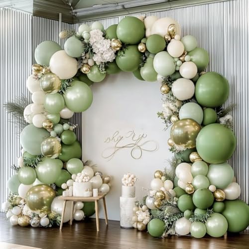 Image of Green White Balloon Garland Double Stuffed Sage Green Gold Pearl White Balloons Arch Kit Dusty Pastel Cream Sand Latex for Christmas Baby Shower Birthday Engagement Party Decorations