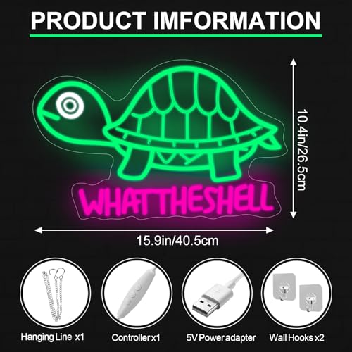 Image of Turtle Neon Sign,What the Shell Turtle Sign,Sarcastic Decor,Funny Neon,Cute Turtle Pun Gift,Kawaii Turtle Sign,Animal Neon Light, 15.9 inchx10.4 inch, Pink