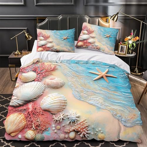 Parure de lit plage en microfibre premium avec motifs coquillages imprimés 3D