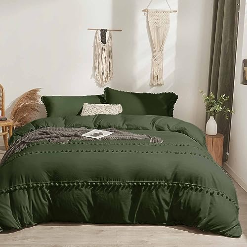 Etdiffe Olive Green Duvet Cover Queen Size Pom Pom, 3 Piece Boho Bohemian Farmhouse Microfiber Comforter Cover Set, Soft And Lightweight Cute Chic Quilt Cover #TOP21