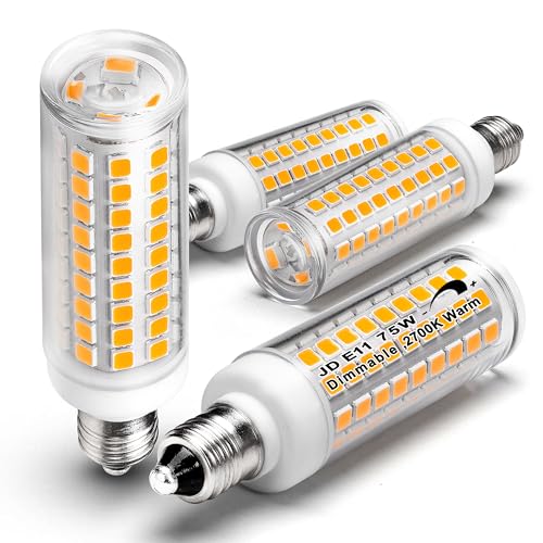 E11 Led Bulbs, JDE11 120V 75W Halogen Candelabra Bulbs Equiva Dimmable,T3 T4 Mini Base JD E11 Bulb, 2700K Warm White 7W 750lm for Chandeliers,Candelabra,Ceiling Fan, Table Cabinet Lighting,4Pack