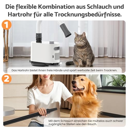Rebongki Hundefön Blower Hund Profi Hundeföhn mit Einstellbarer Windgeschwindigkeit Handheld Hundefön Trockenmaschine Trockner für Haustiere Haustiertrockner 2 Schläuche 3 Temperatureinstellungen