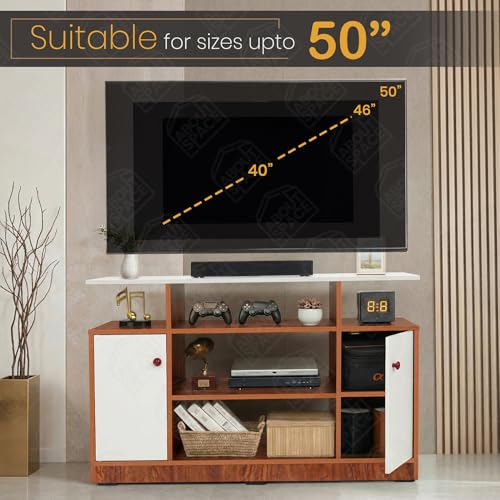 Image of ABOUT SPACE TV Unit - Engineered Wooden TV Stand with Adjustable Shelf Storage Cabinet with Door for Console, Home Theatre for Living Room - DIY Entertainment Unit for 32-50 Inch - White & Oak Red