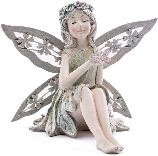 Napco Imports Decorative 8.5 x 7 Inch Indoor or Outdoor Sculpture Figurine Garden Statue Grey Green and Pink Flower Fairy with Butterfly