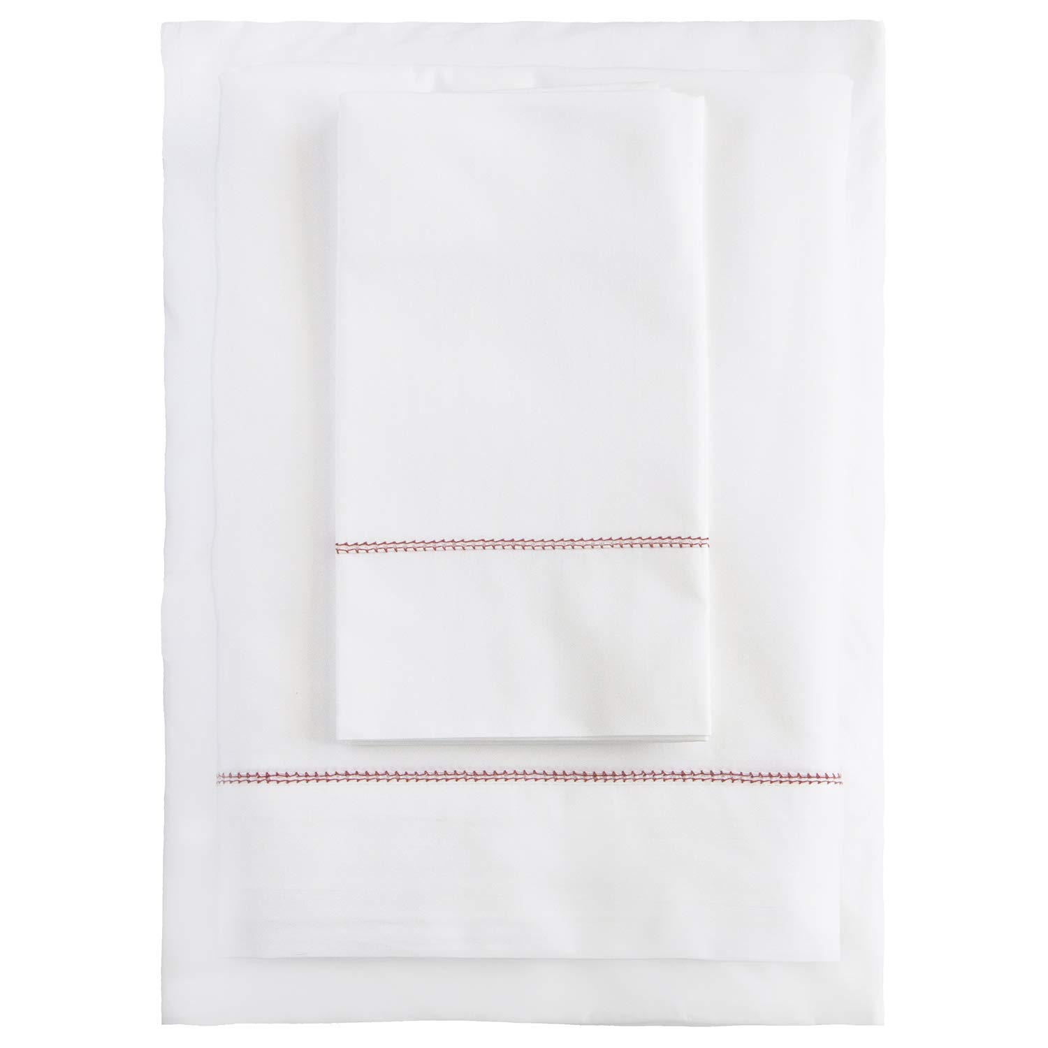 Huddleson 500TC White Cotton Percale Sheet Set with Red Hemstitch Trim Long Staple Italian Luxury - King