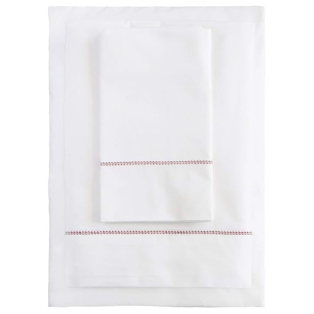 Huddleson 500TC White Cotton Percale Sheet Set with Red Hemstitch Trim Long Staple Italian Luxury - King