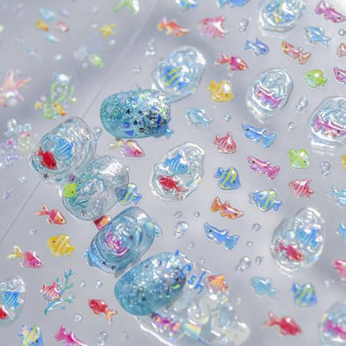 Image of Tropical Fish Nail Stickers Summer Nail Art Stickers Ice-Transparent Design 5D Embossed Self Adhesive Nail Decals for Women Manicure DIY Decoration Accessories