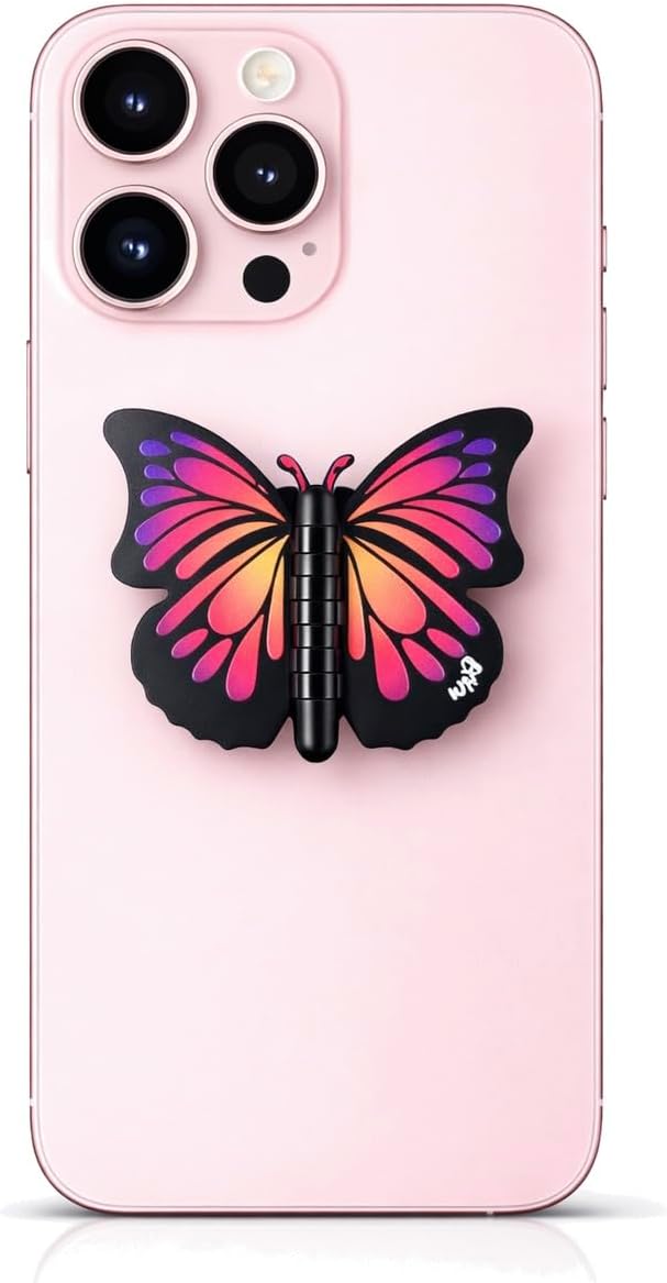 Cute Butterfly Phone Grip Socket – 3D Foldable Rotating Phone Holder with Fold-Style Finger Grip for iPhone, Android & Kindle (Ruby)