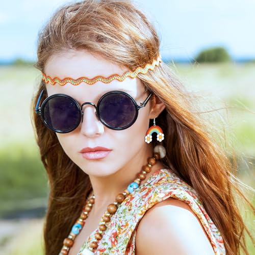 Junkin 16 Pairs Hippie Earrings for Women 70s 80s Groovy Acrylic Retro Boho Earrings Rainbow Daisy Butterfly Flower Women's Drop Dangle for Summer Travel Jewelry Gift4