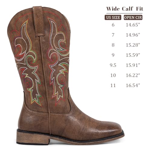 Image of SheSole Wide Calf Cowboy Boots Women Square Toe Western Embroidered Mid Calf Cowgirl Boots, Pull On & Padded Insole Low Heel Fashion Boots for Country Concerts & Work Casual Everyday Style