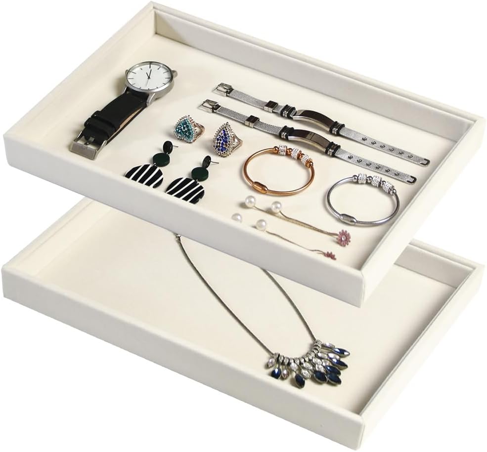 2Pcs/Set Stackable Jewerlry Organizer Tray Beige Velvet Blank Tray Holder for Beads Bracelets Necklaces Earrings Store Selling or Home Show