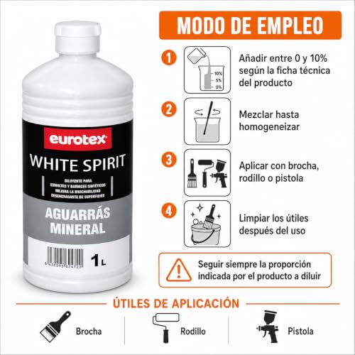 Miniatura 4 de Eurotex Disolvente White Spirit, Aguarrás Mineral Incoloro Para Pinturas Sintéticas, Barnices O Pinturas Al Óleo - 1 Litro