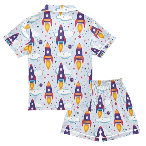 ALAZA Spaceship Cloud Star Pajamas Satin Pajama Set Short Sleeve Button Down Sleepwear2