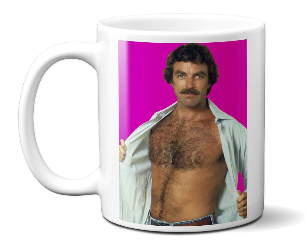 Tom Selleck Open Shirt - Pink Background - 11oz Ceramic Mug