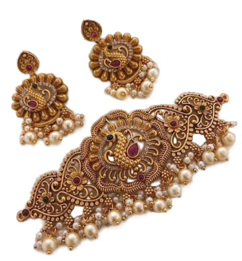 Alyesha Classic Gold Plated Jewellery Gold Plated Fashion Wedding Collection Stone Choker Necklace Jewellery Set for Women & Girls