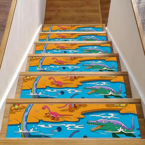Alfombrillas de escalera antideslizantes con diseño de dinosaurios para peldaños de interior 2