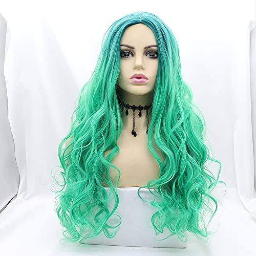 Xiweiya Mixed Green Blue Synthetic Wigs 2 Tones Long Wavy Blue Green Wig Middle Part Heat Resistant Fiber For Women 24inch……