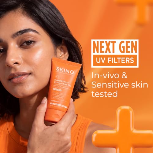 Image of SKINQ SPF 50+ Detan Sunscreen Gel | Tan Reduction, No White Cast | 97.5% UVB Protection | With Vitamin C | Lightweight, Non-Greasy | Normal, Dry & Sensitive Skin | Made by Dermat | 45ml (Pack of 2)