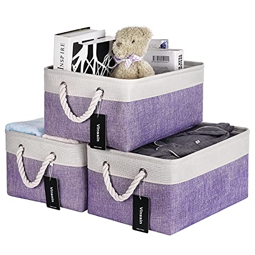 Image of Vinssin Large Storage Baskets 3 Pack, Foldable Purple Basket with Cotton Handles, Canvas Fabric Storage Bins for Organizing,Cupboards, Shelves, Clothes, Toys, Towel, (Purple+White,3 Pack)