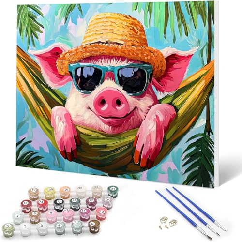 Auremi Animal Peinture par numéros avec cadre inclus 20x30–Cochon Peinture par numéros DIY pour adulte–Tableau à peindre prêt à accrocher–Idéal...