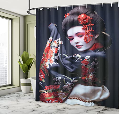 Lunarable Japan Shower Curtain, Young Geisha In Kimono With Sakura Traditional Oriental Costume Makeup, Cloth Fabric Bathroom Decor Set With Hooks, 69" W X 70" L, Black Cream #TOP3