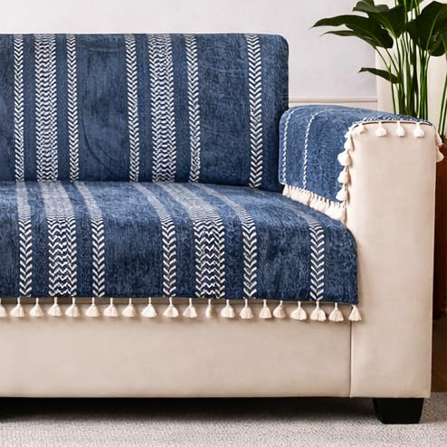 STITCHNEST Chenille Printed Sofa Cover 3 Seater with Hand Rest Covers – Washable Blue Sofa Cover with Tassels – Durable Premium Fabric – Stylish Sofa Protector for Living Room & Furniture Décor-image-39