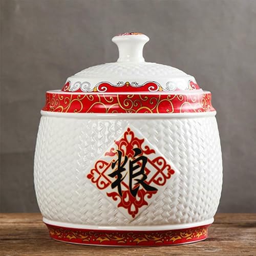 Ceramiczny pojemnik do przechowywania ryżu z pokrywką - Duży dozownik żywności na ryż, fasolę, kukurydzę, pszenicę i płatki owsiane - Szczelny słoik na ziarno do organizacji kuchni i świeżości