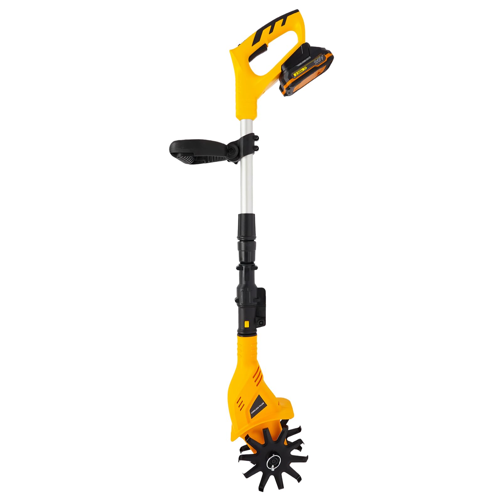 Frezarka ogrodowa akumulatorowa glebogryzarka elektryczna 97-117 cm, regulowany uchwyt teleskopowy 10 cm, głębokość robocza i szerokość 15 cm, stalowy tasak 250 obr./min, wyłącznik bezpieczeństwa z