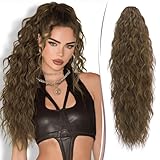 RUWISS Coleta Postiza Pelo Natural con Pinza Cola Postiza Larga Rizada Ondulado Cola de Caballo Sintético Coleta Postizos para Mujeres, 76 cm Marrón Musgo
