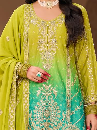 Image of INDO ERA Women's Silk Blend Embroidered Straight Kurta & Palazzo with Dupatta Set (IEOUT10598)